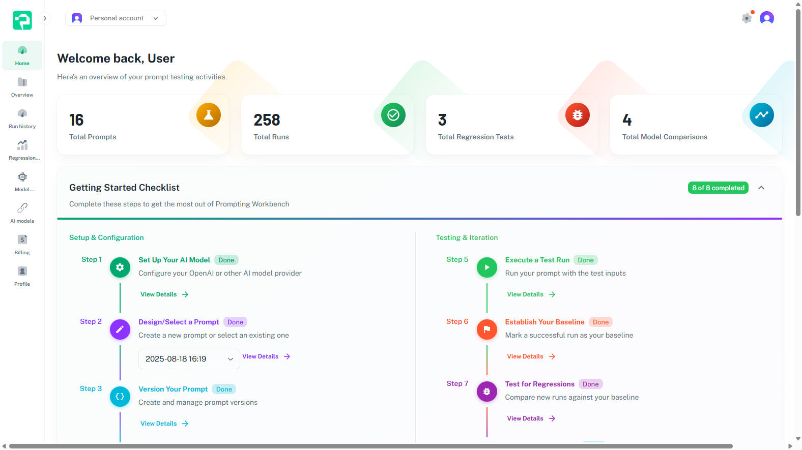 Dashboard showing test results across multiple models, version history timeline, and regression detection alerts